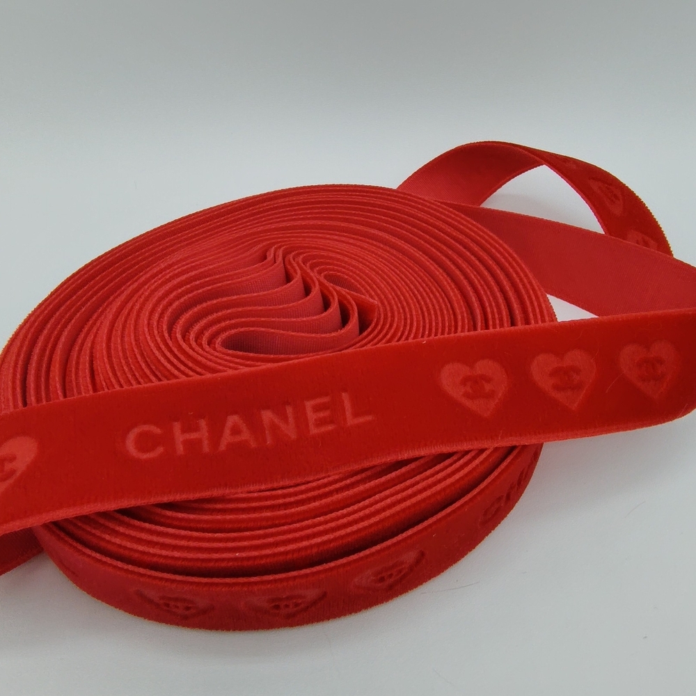CHANEL Red Velvet Ribbon Heart CC Logo Valentine Gift Wrap Four (4) Yards